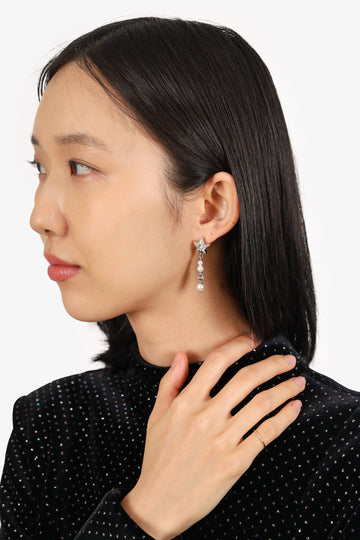 Chanel 2020 Silver Tone Faux Pearl & Strass CC Star Drop Earrings