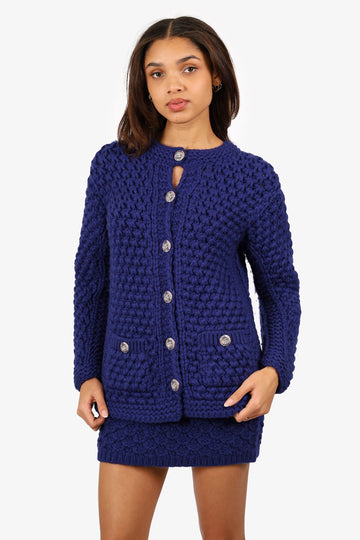 Chanel 2022 Blue Chunky Knit Cardigan with Skirt Set Size 36