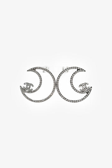 Chanel 2017 Silver Toned Crystal CC Moon Stud Earrings