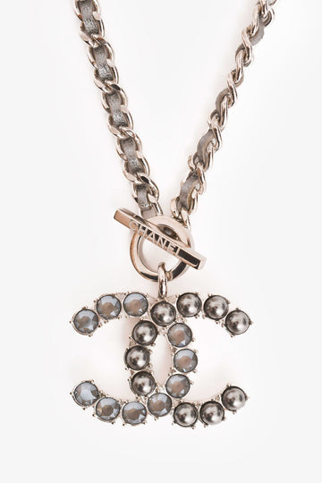 Chanel 2017 Silver Toned Grey Crystal CC Toggle Necklace