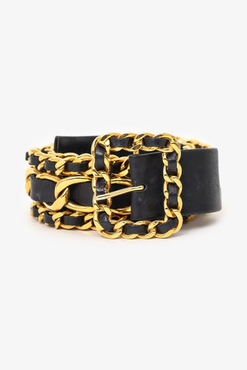 Chanel Vintage Black Leather Gold Chain Belt Size 75