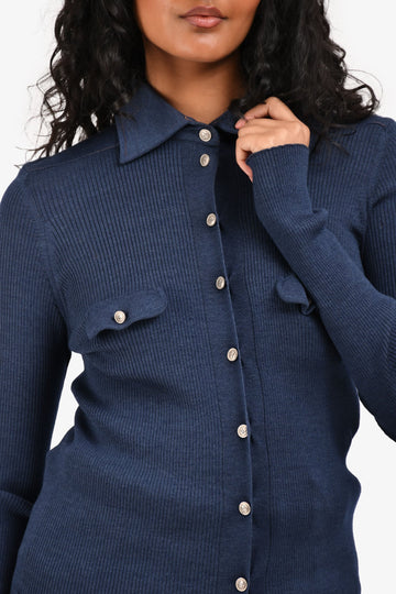 Chanel Blue Wool/Silk Knit CC Buttoned Down Top Est. Size S