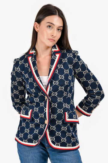 Gucci Navy Blue Jacquard GG Web Blazer Size XXS