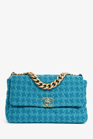 Chanel Blue Houndstooth Tweed Large 19 Flap Shoulder New 1:1 Bags