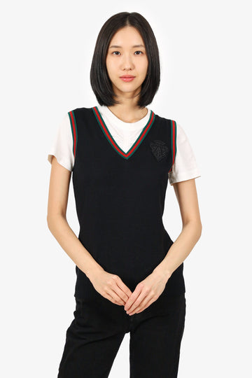 Gucci Black/Web Wool V-Neck Gucci Badge Vest Size Small