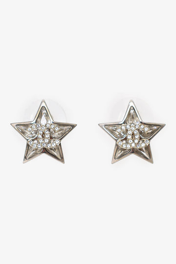 Chanel 23S Silver Tone Crystal CC Star Earrings