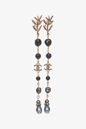 Chanel 2018 Forest Leaf Navy CC Logo Crystal Pearl Long Drop Earrings