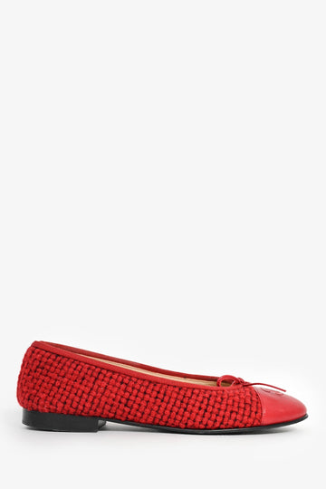 Chanel Red Tweed Cap Toe Ballet Flats Size 36.5
