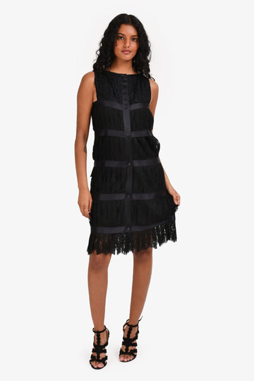 Chanel Black Wool Lace Pleated Ribbon Detail Dress Size 38