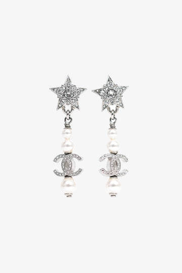 Chanel 2020 Silver Tone Pearl Star CC Drop Earrings