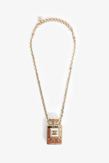 Chanel 2022 Gold Tone Chanel No.5 Bottle Pendant Necklace