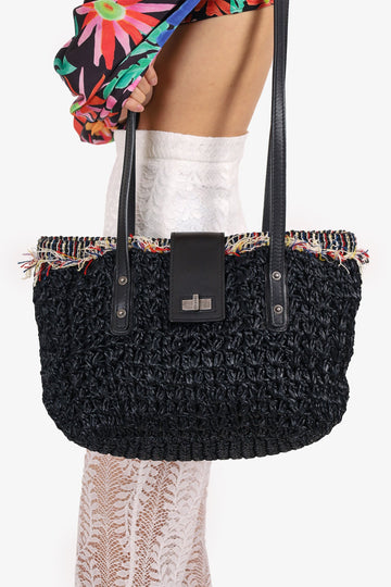 Chanel 2010-11 Black Straw Tweed 255 Tote New 1:1 Bags