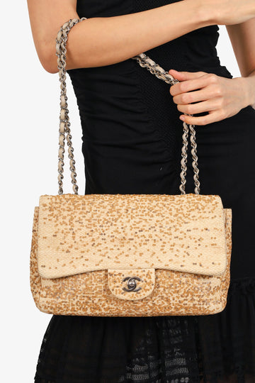 Chanel 2013-14 Beige Raffia Sequin Small Single Flap New 1:1 Bags