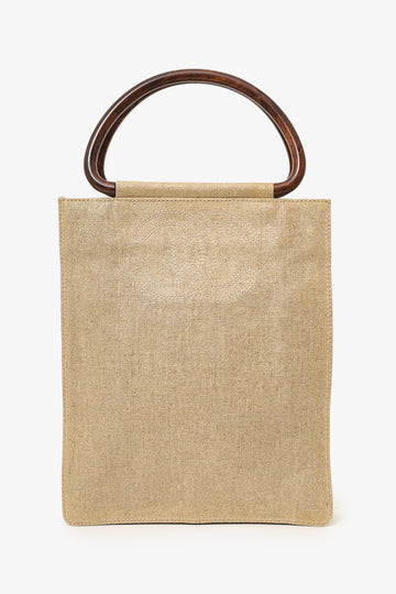 Chanel 2000-02 Beige CC Stitched Woven Linen Wood Handle Tote New 1:1 Bags