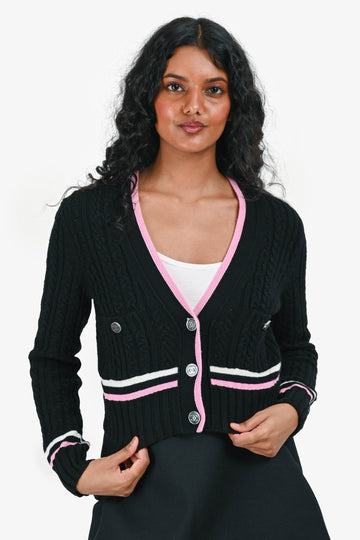 Chanel Spring 2023 Black/Pink Cashmere Blend Knit Cropped Cardigan Size 34
