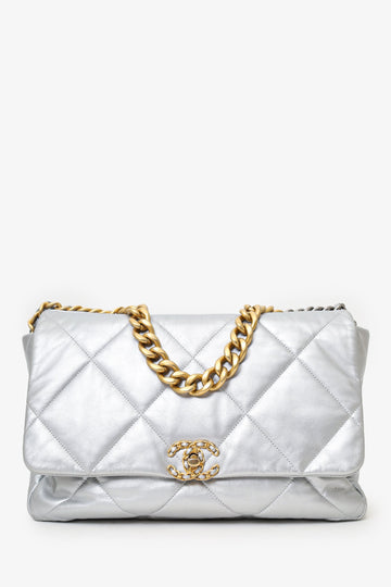Chanel Silver Leather Maxi 19 Flap