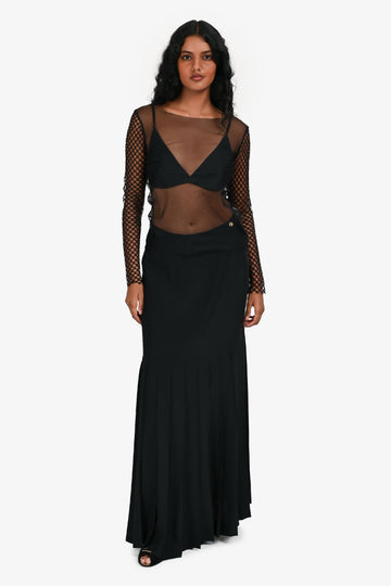 Chanel Black Silk Pleated Maxi Skirt Size 42