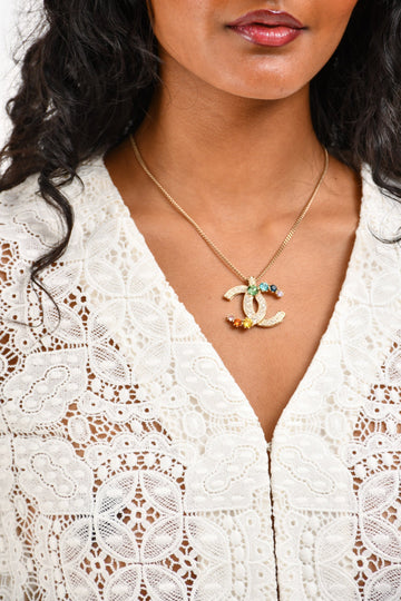 Chanel 2019 Gold Toned Rainbow Crystal CC Necklace