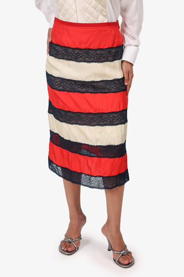 Gucci Red/Cream Silk/Lace Tiered Midi Skirt Size 40