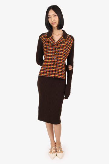 Chanel Vintage Autumn 1995 Brown Ribbed Cashmere/Yellow Tweed Jacket Dress Size 38