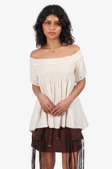 Chanel 05A Cream Silk Ruched Short Sleeve Mini Dress Size 40