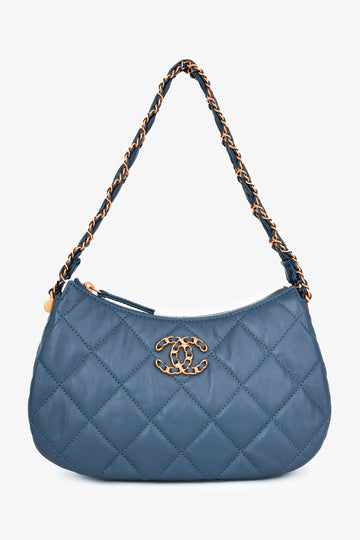 Chanel Blue Aged Lambskin Leather Quilted Chanel 19 Clutch On Chain GHW