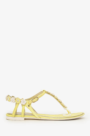 Chanel Yellow Leather Floral Embellished T-Strap Sandals Size 39
