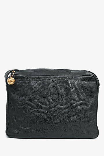 Chanel 1986-1988 Black Caviar Leather Triple CC Logo Crossbody