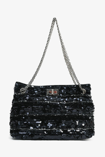 Chanel 2011 Black Striped Sequins and Patent Leather Small Reissue Shoulder New 1:1 Bags
