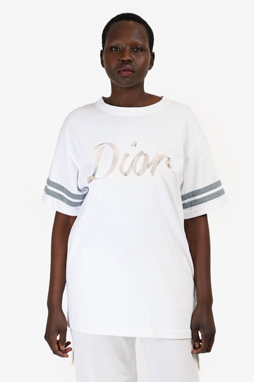 Christian Dior 2022 White/Grey Embroidered Ribbon Logo T-Shirt Size L Mens