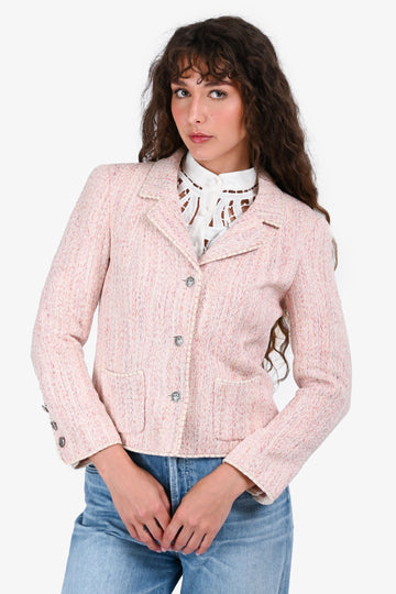 Chanel Pink Silk Blend Tweed Single Breasted Blazer Size 38