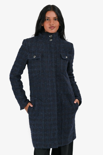 Chanel Navy/Black Wool Metallic Tweed Knee Length Jacket Size 38