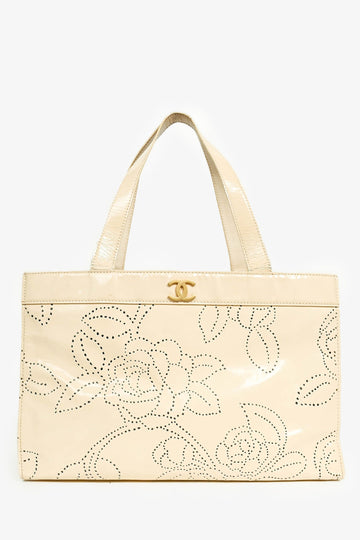 Chanel Cream Camellia Patent Perforated Tote