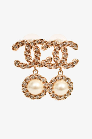 Chanel 2020 Gold Toned Faux Pearl/Crystal CC Dropstud Earrings