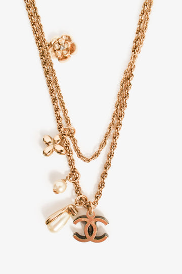Chanel 2019 Gold Tone CC Pearl Double Chain Necklace