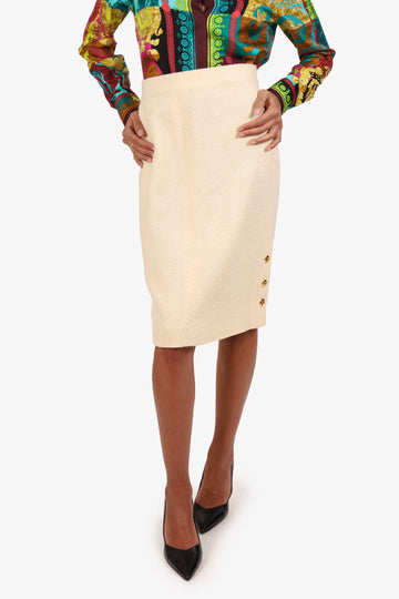 Chanel Cream Wool/Silk CC Gold Buttons Midi Skirt Size 42