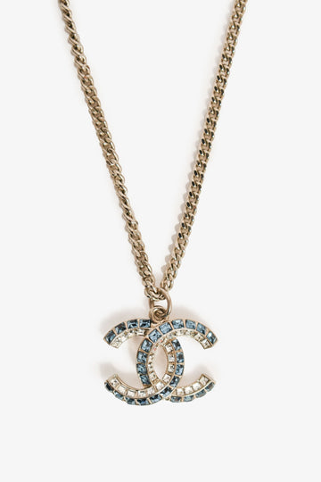 Chanel 2019 Silver Toned Blue Crystal CC Long Necklace