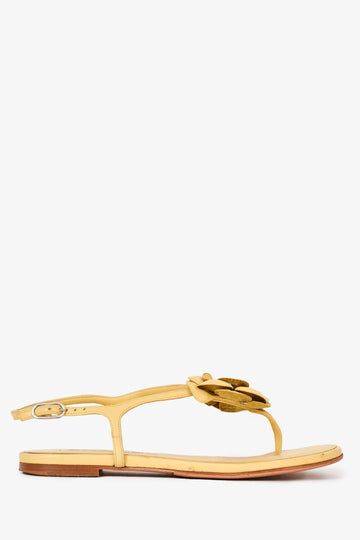 Chanel Yellow Leather Camellia Flower Sandals Size 38.5