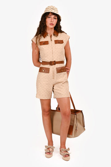 Gucci Brown Cotton/Leather GG Supreme Romper Size 40