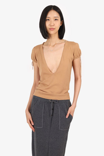 Chanel 04A Brown Wool/Cashmere V-Neck Short Sleeve Top Size 36