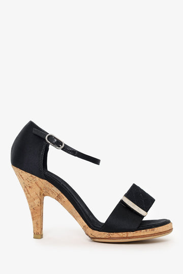 Chanel Black Satin CC Logo Black Matelasse Ankle Strap Wood Sandals Size 36.5