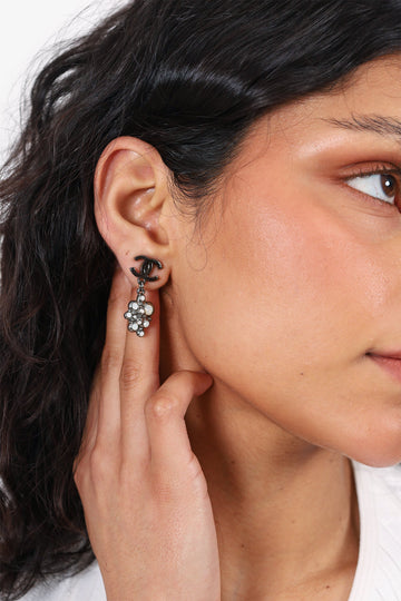 Chanel Gunmetal Silver Crystal Clustered Drop Earrings