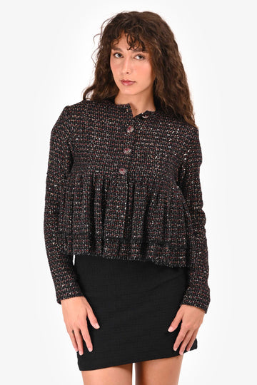 Chanel 2012 Black Sequin Long Sleeves Cropped Peplum Fantasy Top Size 40