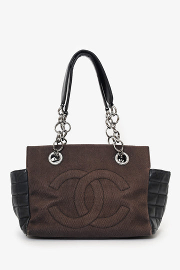 Chanel 2003-04 Brown/Black Leather/Canvas Coco Bar CC Tote