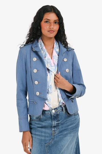 Chanel 2013 Blue Denim Military Style Cropped Jacket Size 38