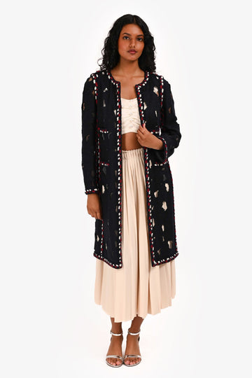 Chanel 2011 Navy/Red/White Distressed Long Tweed Jacket Size 38