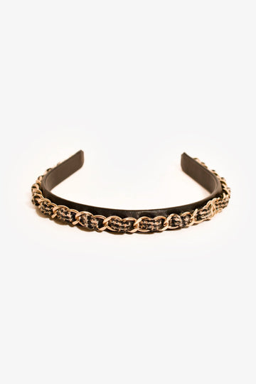 Chanel Black Leather Houndstooth/Chain CC Headband
