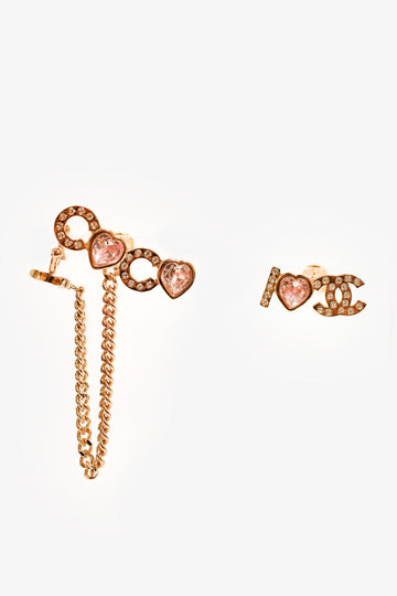 Chanel 2022 Gold Toned 'I Heart Coco' Pink Crystal Embellished Stud Earrings with Ear Cuff
