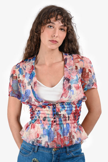 Chanel Pink/Blue Floral Silk Sheer Blouse Size 38