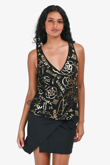Chanel 2019 Runway Black/Gold Graffiti Tank Top Size 38